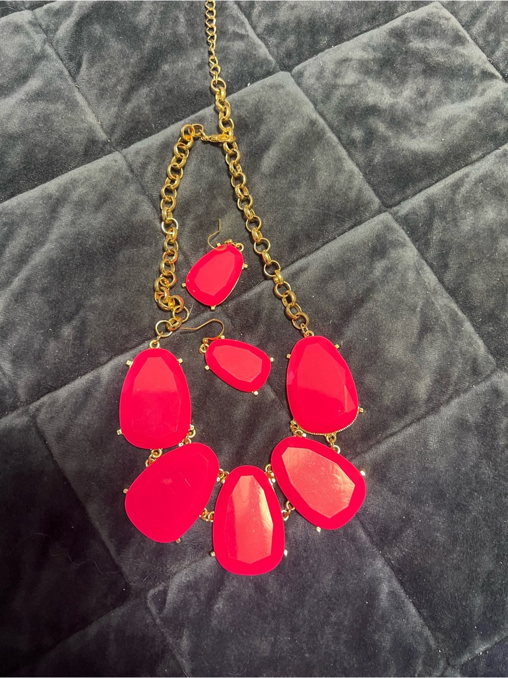 Gold Chain Necklace with Bright Pink Statement Stones - Women Jewelry